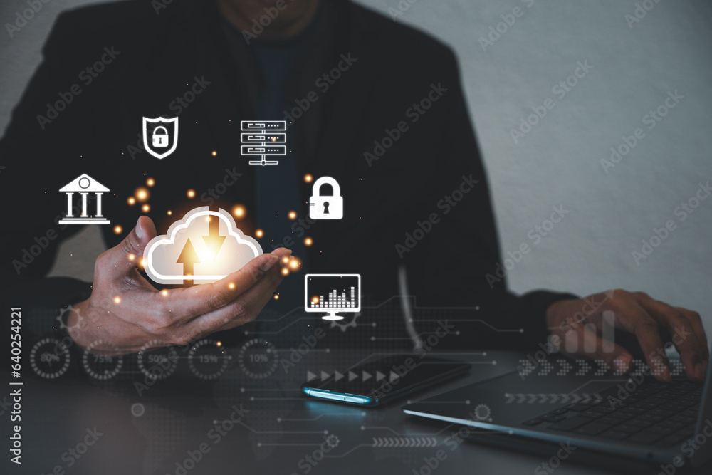 Poster cloud computing infrastructure, a man using a laptop to access the platform with backup, storage, an