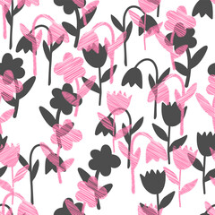 Pink and gray Vector illustration of bouquet bell and tulip flowers with leaves isolated on a white background. Seamless pattern