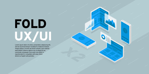 Isometric foldable smartphone web design scene generator. Оpen and closed device. Financial deals and invectment set, diagram pie charts.
