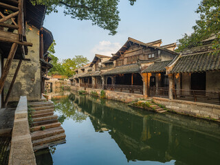 Obraz premium Night view of Puyuan, An ancient water town in Zhejiang Province, China.