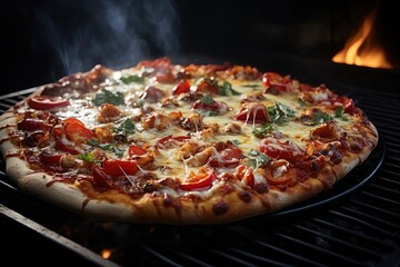Delicious Italian pizza is cooked in wood-fired oven