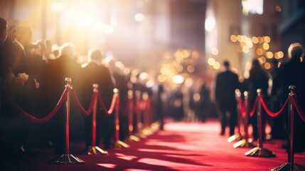 Red carpet rolling out in front of glamorous movie premiere blurred background. - obrazy, fototapety, plakaty