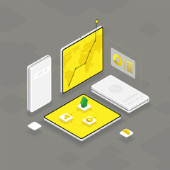 Isometric modeern foldable smartphones template bundle. Оpen and closed device for business. Financial deals and investment set, diagram pie charts, arrows, money, maps, graphics.