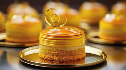 Yummy luxury sponge lemon cake with delicate mousse covered in lemon jelly with sugar spiral moon shape on top.