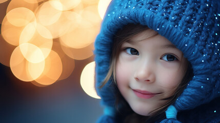 young child wearing woolen hat with blue glitter glow bokeh