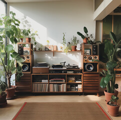 record room, stereo console, speakers, dieter rams, whit big loudspeakers type gramophone, stackin, plants, minimal, design, big space