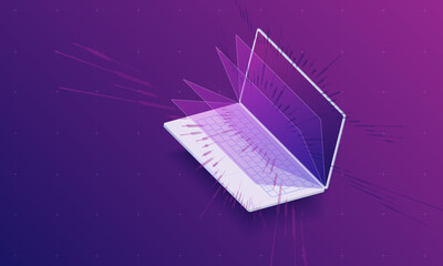 Isometric laptop with flying crypto trade elements on gradient background. Bitcoin and blockchain. Electronic cryptocurrency and modern technology.