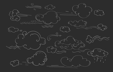 Vector hand drawn doodle sketch style cloud set. Simple outline scribble draw. 