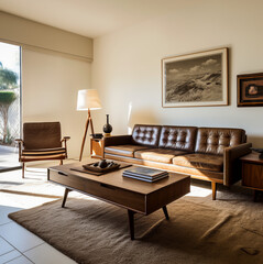 midcentury modern small living room, brown sofa, dark cream carpet