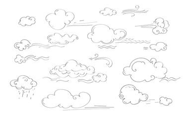 Vector hand drawn doodle sketch style cloud set. Simple outline scribble draw. 