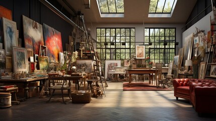 Fototapeta na wymiar Art Studio , An inspiring workspace teeming with eclectic art pieces, ornate frames, and a mix of luxurious and rustic furniture