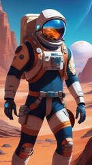 Astronaut exploring a rocky planet in a futuristic space suit
