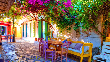 preveza greece alleys in seitan pazar area restaurants chairs tables