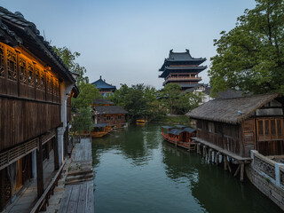 Fototapeta premium Night view of Puyuan, An ancient water town in Zhejiang Province, China.