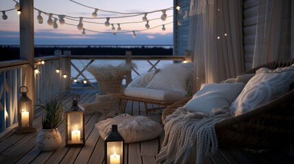 Balcony or Deck , A balcony overlooking the ocean, lit by soft, warm lights and decorated in Nordic coastal style