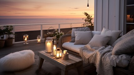Balcony or Deck , A balcony overlooking the ocean, lit by soft, warm lights and decorated in Nordic coastal style