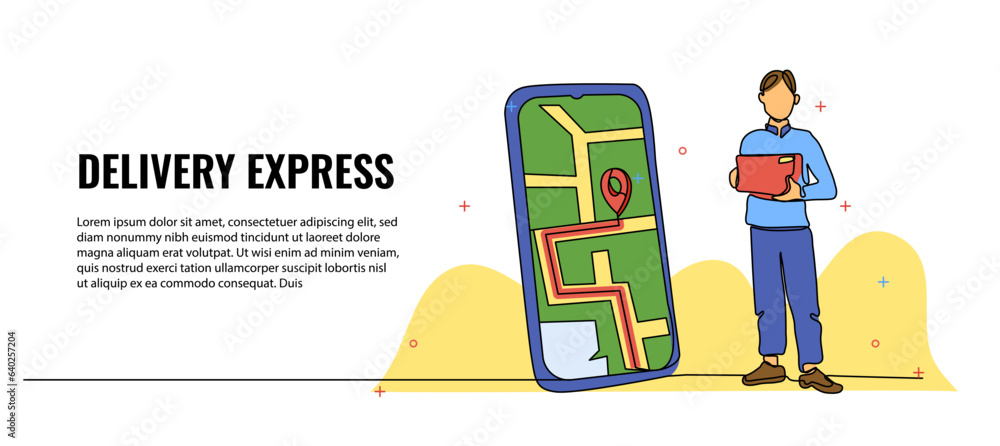 Poster vector illustration of a man holding a package next to a map screen. modern flat in continuous line 