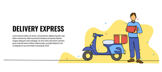 Vector illustration of a man holding package next to motorbike. Modern flat in continuous line style.