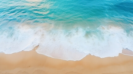 Fototapeta na wymiar Overhead photo of crashing waves on the shoreline beach. Tropical beach surf. Abstract aerial ocean view under sunshine