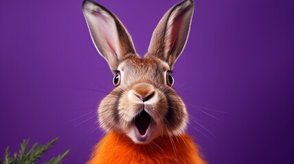 surprised rabbit, generative ai.
rabbit on a purple background. powerful emotions