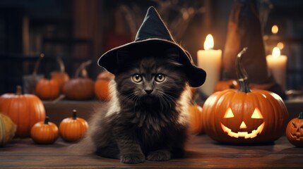 decorated cute cat at Halloween celebration party. 