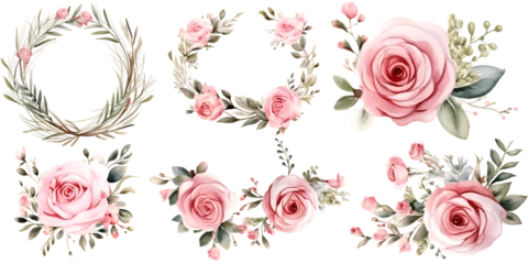 Fototapete Blumen Beautiful wedding wreath with pink rose flowers watercolor elements set.