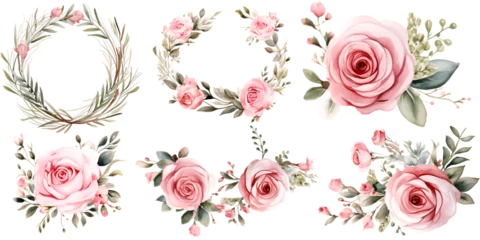 Keuken foto achterwand Bloemen Beautiful wedding wreath with pink rose flowers watercolor elements set.