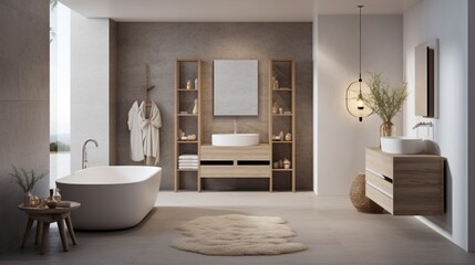 Bathroom , A luxe bathroom set in greys and whites, incorporating Nordic and coastal design elements