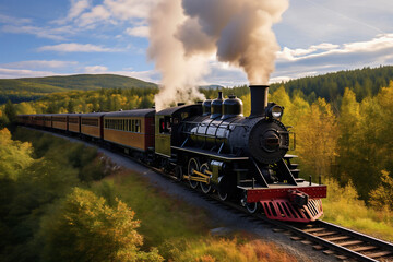 A train traveling down train tracks next to a lush green field. Smoke from the chimney of a retro train.