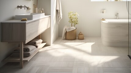 Fototapeta na wymiar Bathroom Flooring , A perspective of the bathroom floor that's designed with grey and white Nordic-inspired tiles with hints of coastal flair