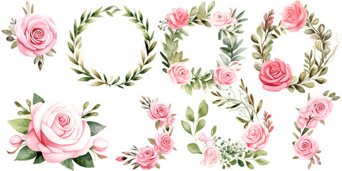 Beautiful wedding wreath with pink rose flowers watercolor elements set.