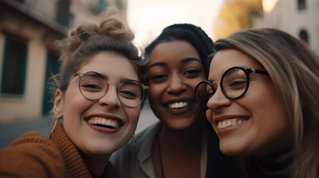 Mujeres de diversidad social , sonriendo en la calle tomándose un selfie. Generado por IA.