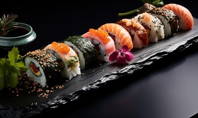 sushi rolls on a dark background, cooking, sushi, rolls