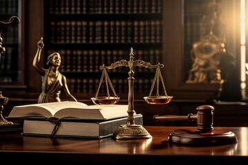 Law theme, Judge gavel, law scales, and books on black background. Law concept of Judiciary, Jurisprudence, and Justice. AI-Generated.