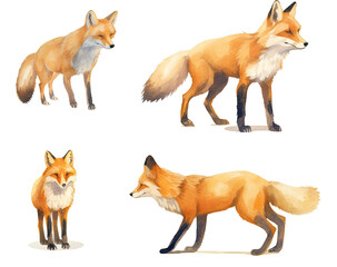 Set of watercolor red fluffy foxes on a white background.