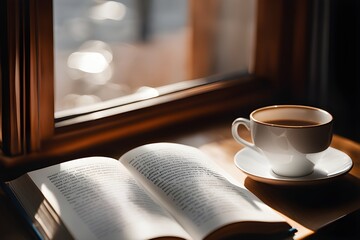 Next to an open book, a cup of coffee or tea awaits, basking in the gentle glow of natural light pouring through the window. Elegance and serenity intersect in this moment of stillness