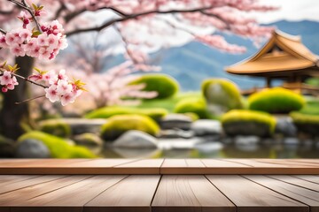 Utilize this vacant wooden tabletop alongside a subtly unfocused sakura branch in a tranquil Japanese Zen Garden, perfect for exhibiting or assembling your range of products