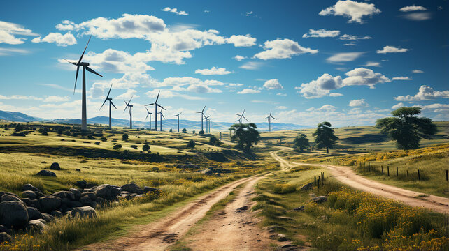 Ecological transition, expanse of wind turbines for green and clean renewable energy
