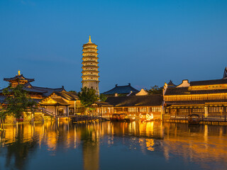 Night view of Puyuan, An ancient water town in Zhejiang Province, China.
