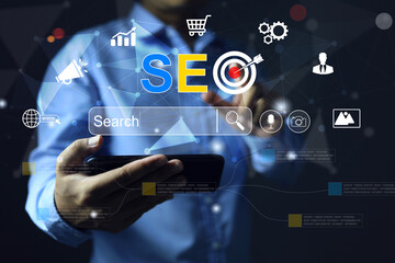 SEO search engine optimization concept, businessman working on data analytic or keyword of customer...