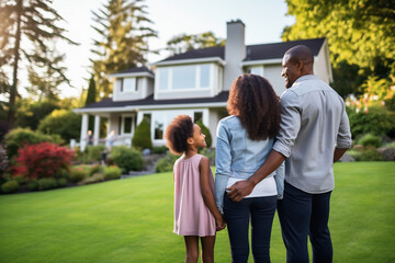 A young happy family stands on the lawn and looks at the purchased house. The joy of buying a home. New homeowners. Mortgage. Property rental.