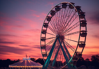 Ferris wheel illuminated against the backdrop of a twilight sky