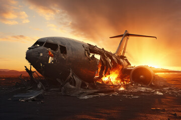 Sunset backdrop frames a plane disaster: aircraft crashes, ignites, and burns in a tragic accident.
