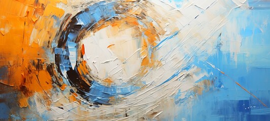Closeup of abstract rough circular orange blue white painting texture, with oil brushstroke, pallet knife paint on canvas - Art background