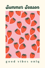 verano, póster retro para imprimir, lámina, con frase positiva, para decorar, con fresas, frutilla, strawberry pattern