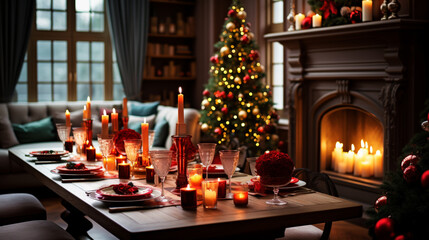 Christmas scenery with room decorated with Christmas tree and ornaments and gifts