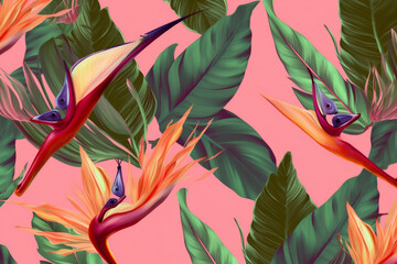 leaf tropical pink trendy jungle seamless orange pattern colorful flower. Generative AI.