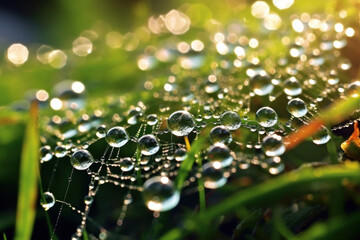 Spider web with drops of water on it at the sunrise close up