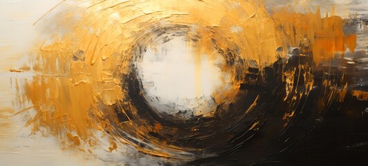 Closeup of abstract rough circular rgold black painting texture, with oil brushstroke, pallet knife paint on canvas - Art background
