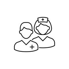Medical team icon. Simple outline style. Nurse, male, female, man, woman, medic, doctor, health, medicine, hospital concept. Thin line symbol. Vector isolated on white background. SVG.